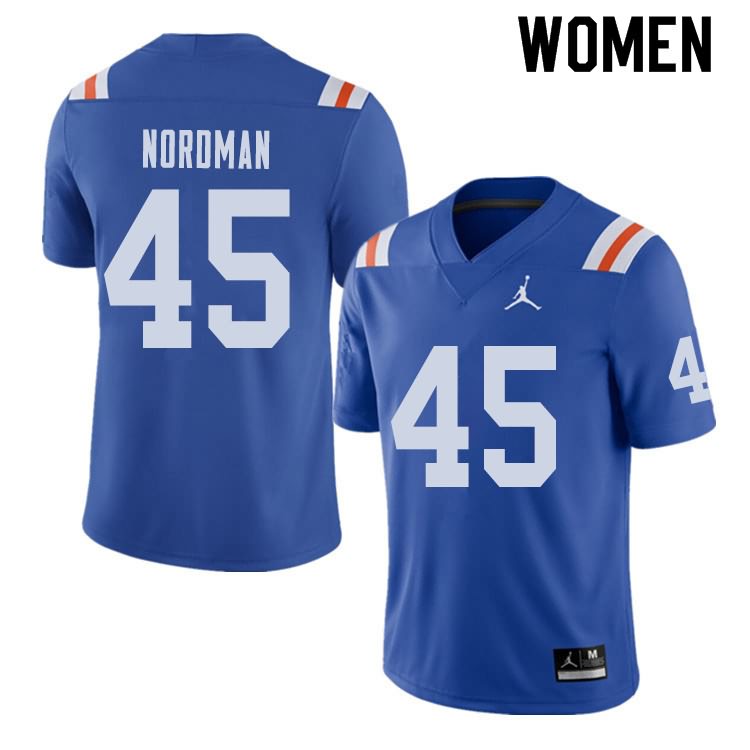 NCAA Florida Gators Charles Nordman Women's #45 Jordan Brand Alternate Royal Throwback Stitched Authentic College Football Jersey KAU0064RD